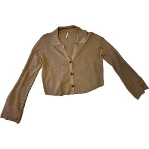 Free People Ribbed Cropped Cardigan Button-Up Top Brown XL Ella Button Up